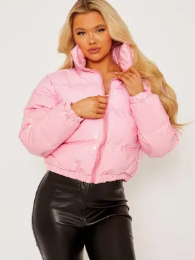 Emilia PVC Leather Cropped Puffer Jacket In Pink
