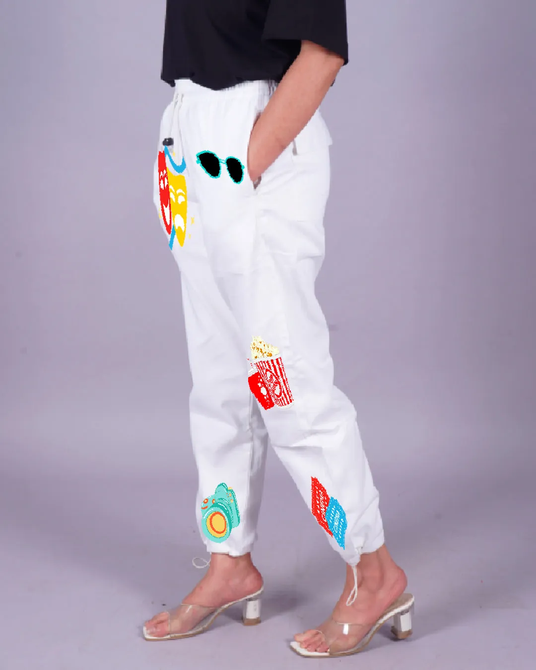 Female White Adjustable Cargo Pants - Popcorn Delight