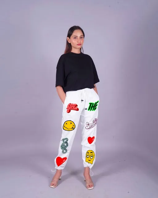 Love Smiley Women's White Adjustable Cargo Pants