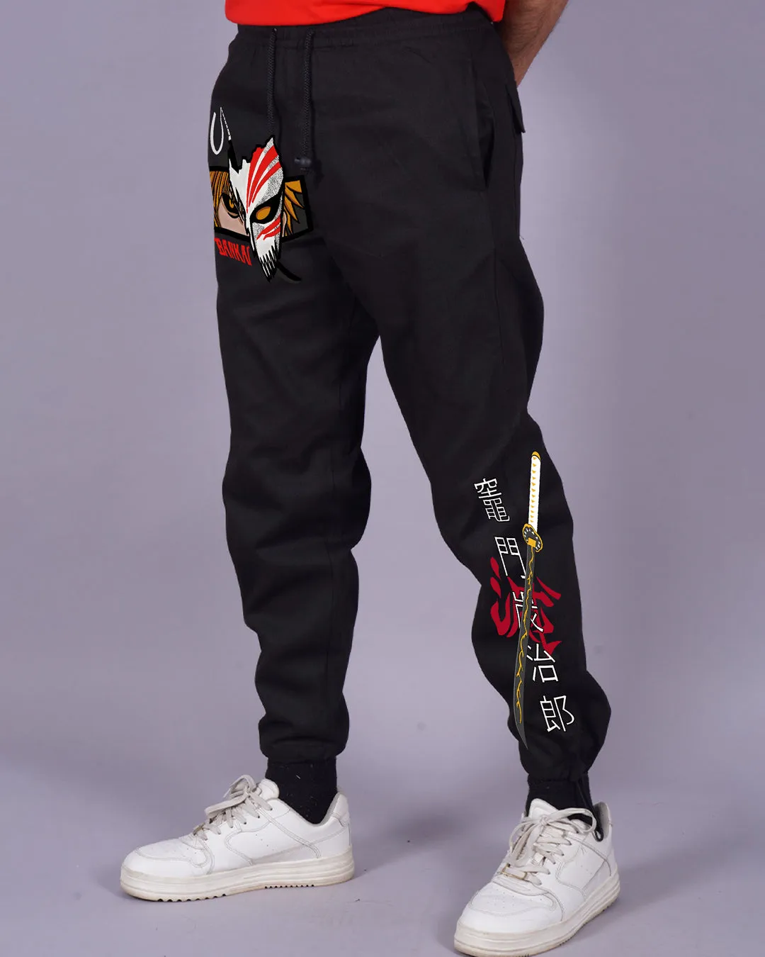 Manga Marvel: Men Black Cotton Pants with Bankai Design