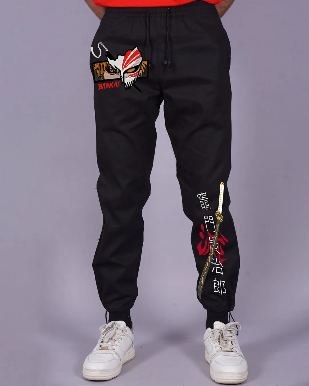 Manga Marvel: Men Black Cotton Pants with Bankai Design