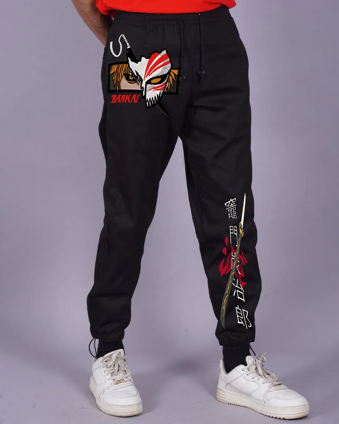Manga Marvel: Men Black Cotton Pants with Bankai Design