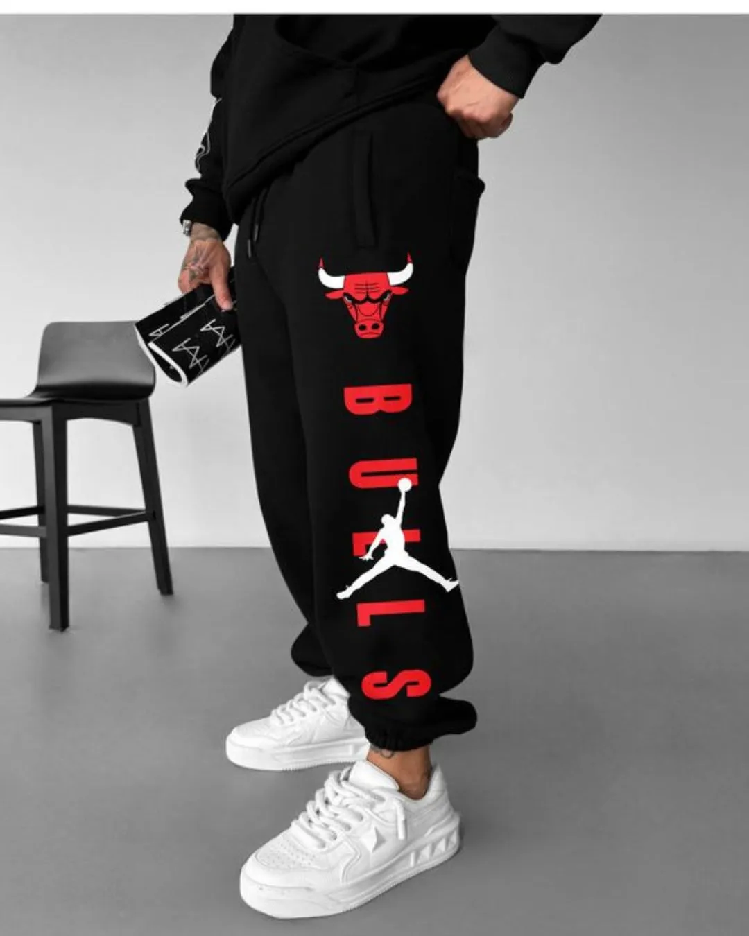 Men's Black Cotton Pant - Bulls(*)