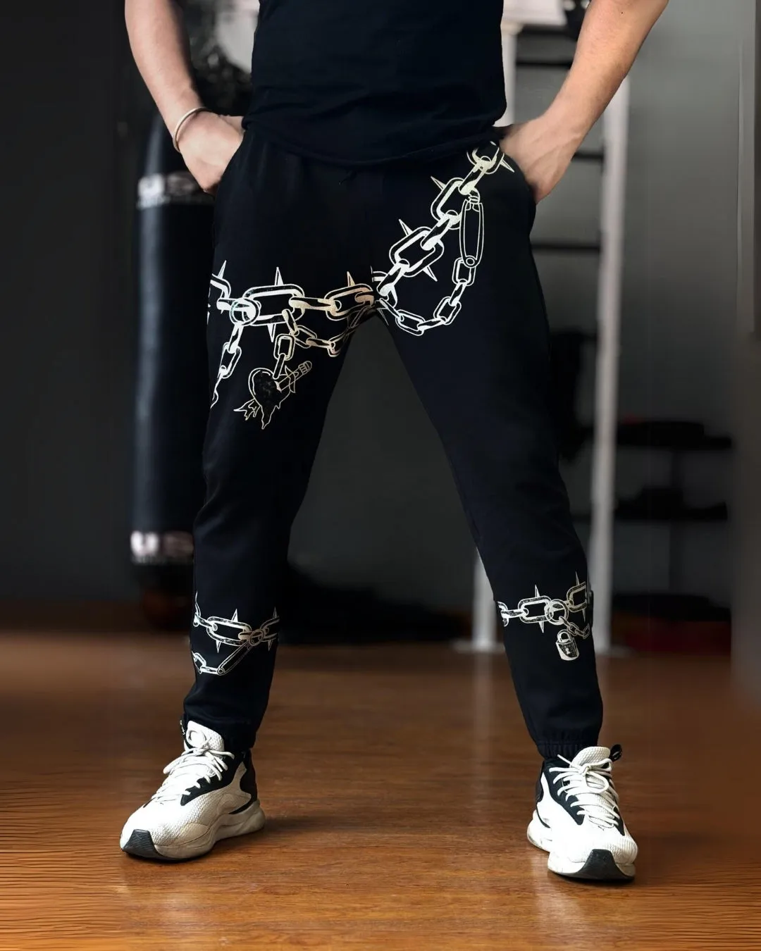 Men's Black Cotton Pant - Chain Design(*)