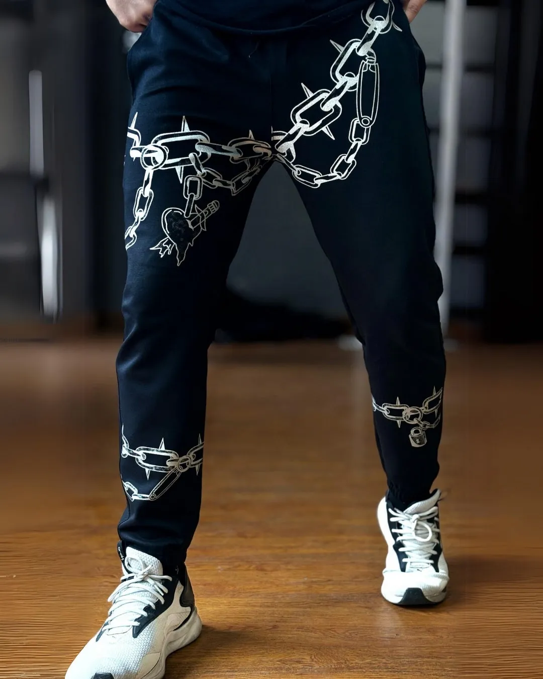 Men's Black Cotton Pant - Chain Design(*)