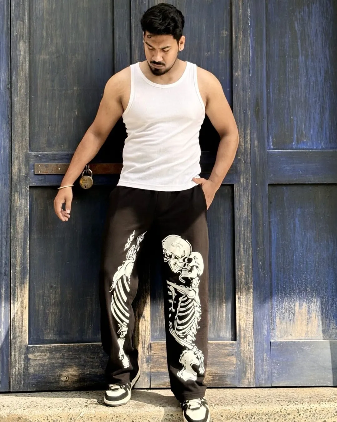 Men's Black Cotton Pant - Dual Skull(*)