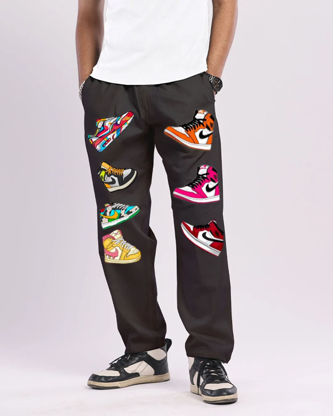 Mens Black Cotton Pants with Sneaker Design(*)