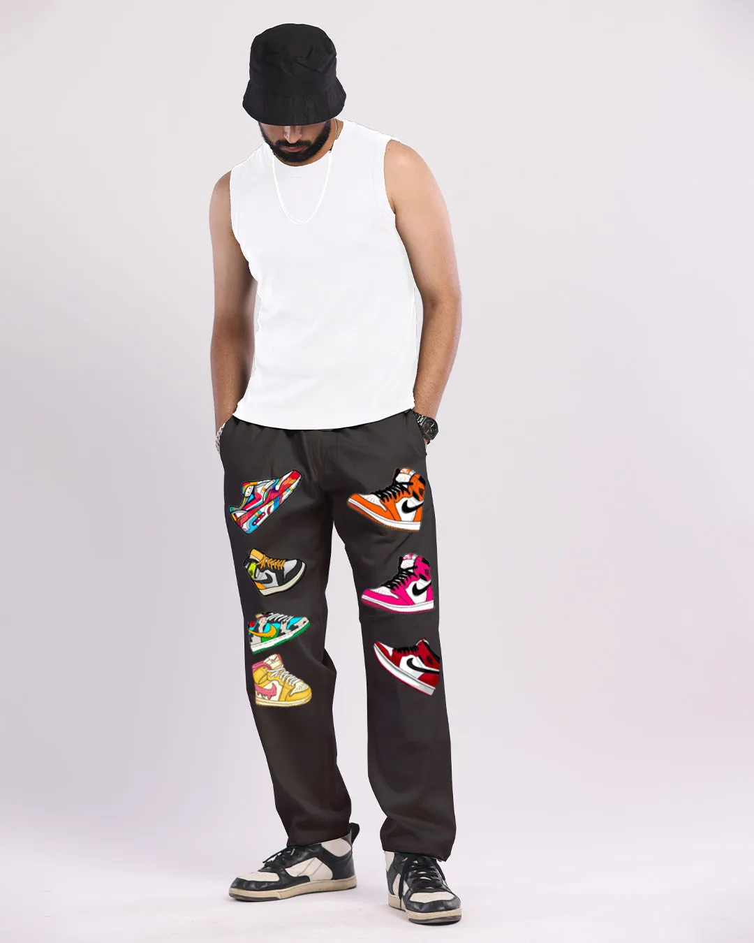 Mens Black Cotton Pants with Sneaker Design(*)