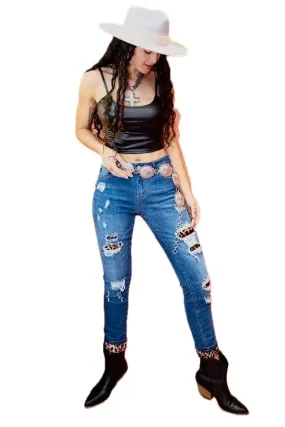 Mid-Rise Skinny Jeans with Leopard Patches