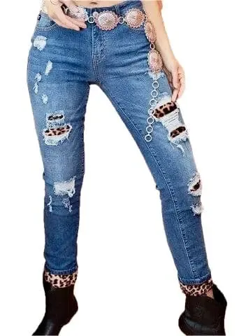 Mid-Rise Skinny Jeans with Leopard Patches