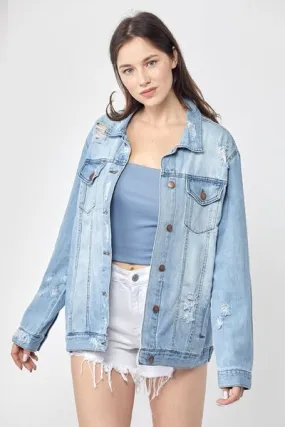 Oversized Distressed Denim Jacket – Vintage-Inspired Casual Outerwear
