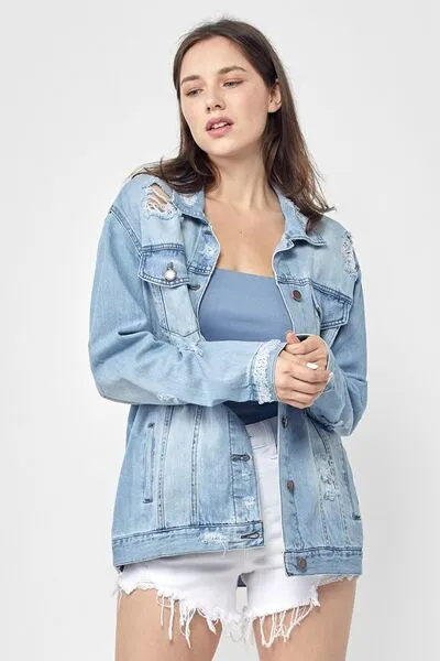 Oversized Distressed Denim Jacket – Vintage-Inspired Casual Outerwear