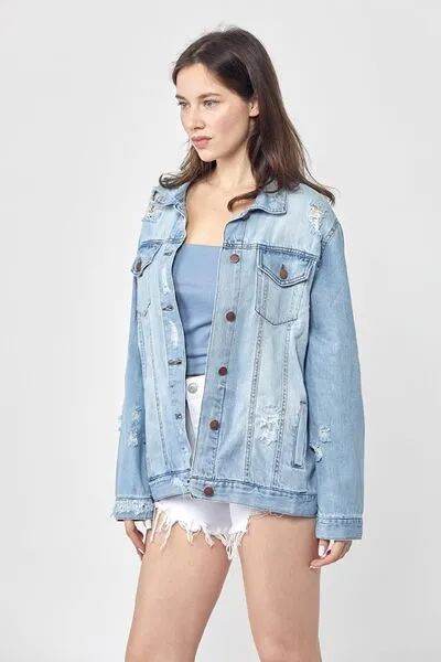 Oversized Distressed Denim Jacket – Vintage-Inspired Casual Outerwear