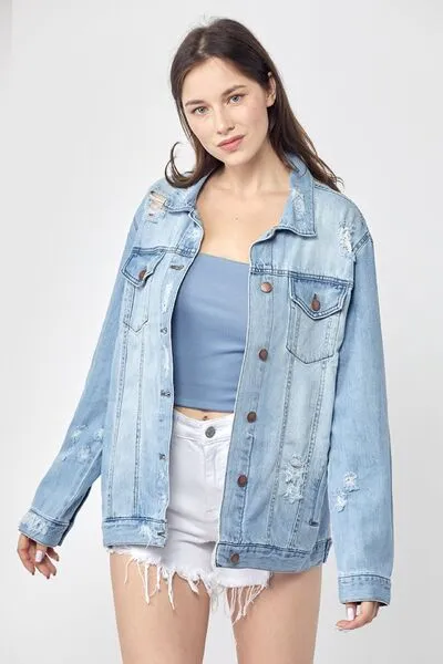Oversized Distressed Denim Jacket – Vintage-Inspired Casual Outerwear