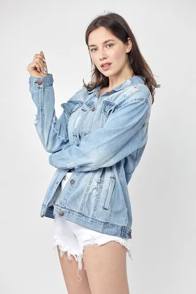 Oversized Distressed Denim Jacket – Vintage-Inspired Casual Outerwear