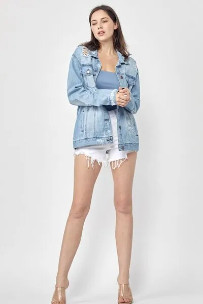 Oversized Distressed Denim Jacket – Vintage-Inspired Casual Outerwear