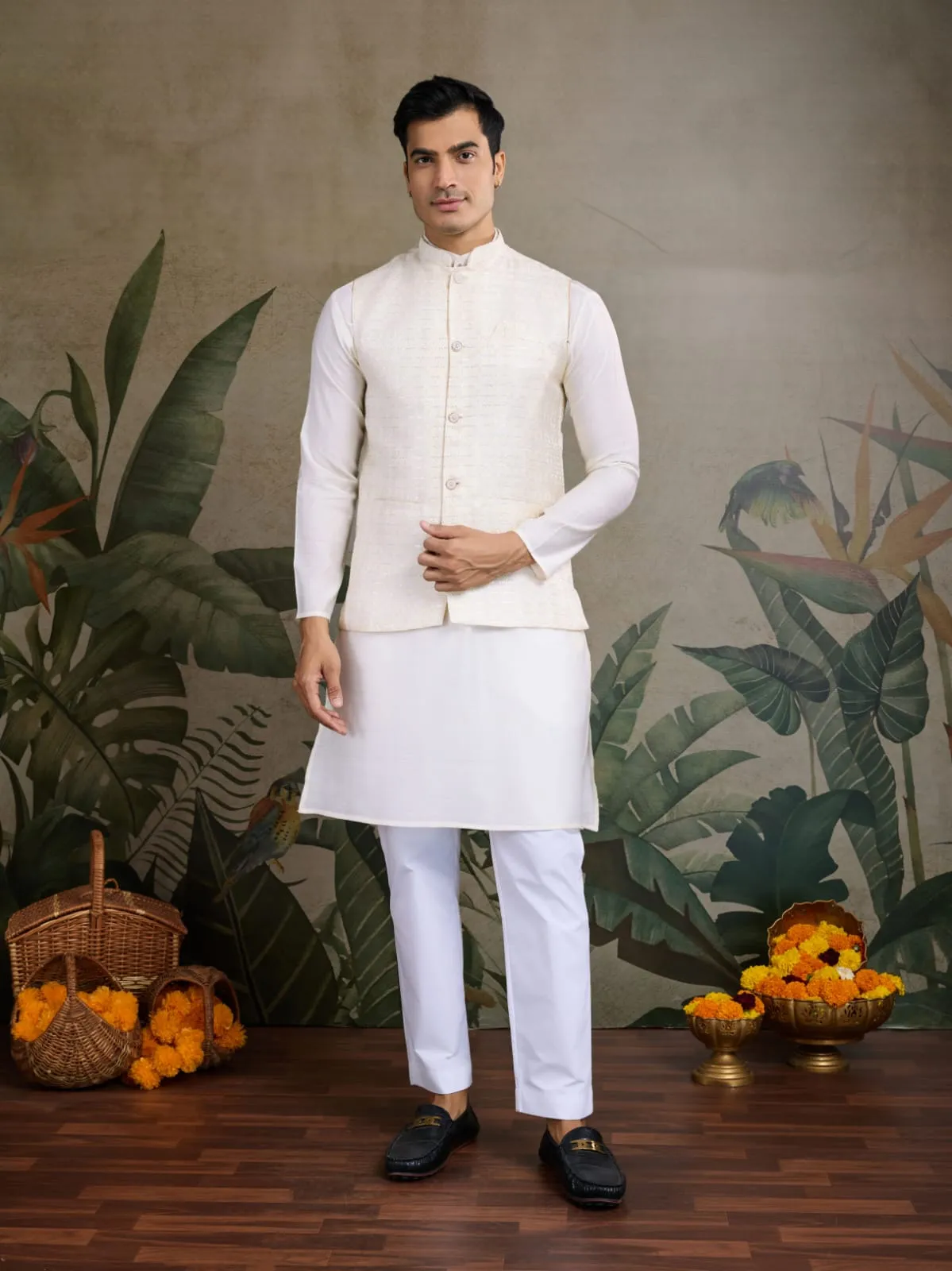 White Viscose Silk Heavy Sequin Work Kurta Pajama & Koti Jacket