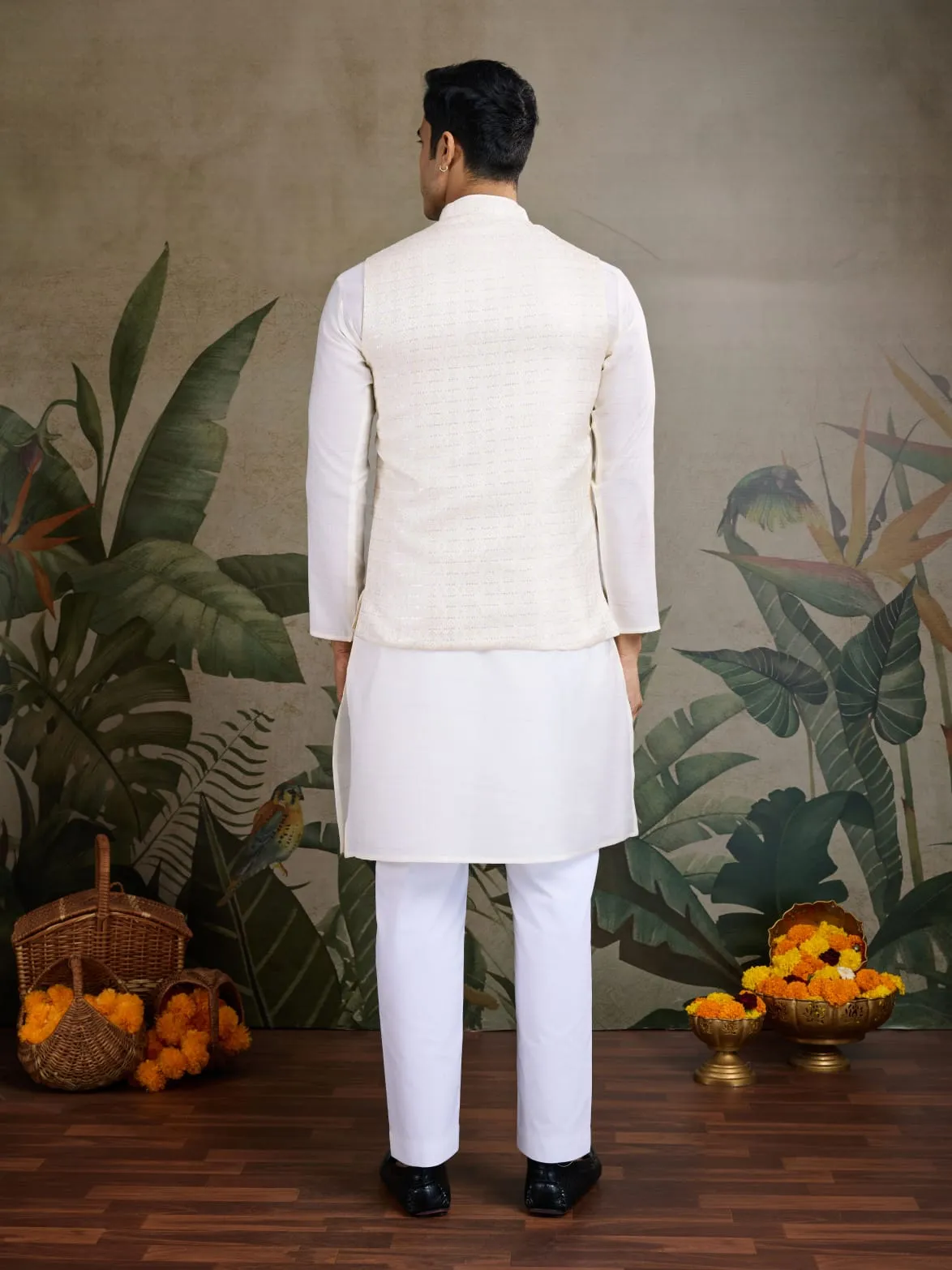 White Viscose Silk Heavy Sequin Work Kurta Pajama & Koti Jacket