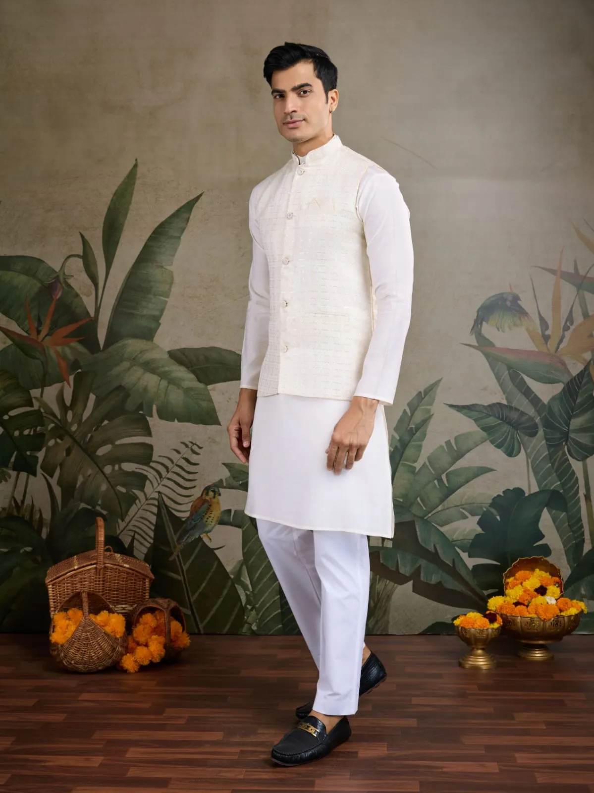 White Viscose Silk Heavy Sequin Work Kurta Pajama & Koti Jacket