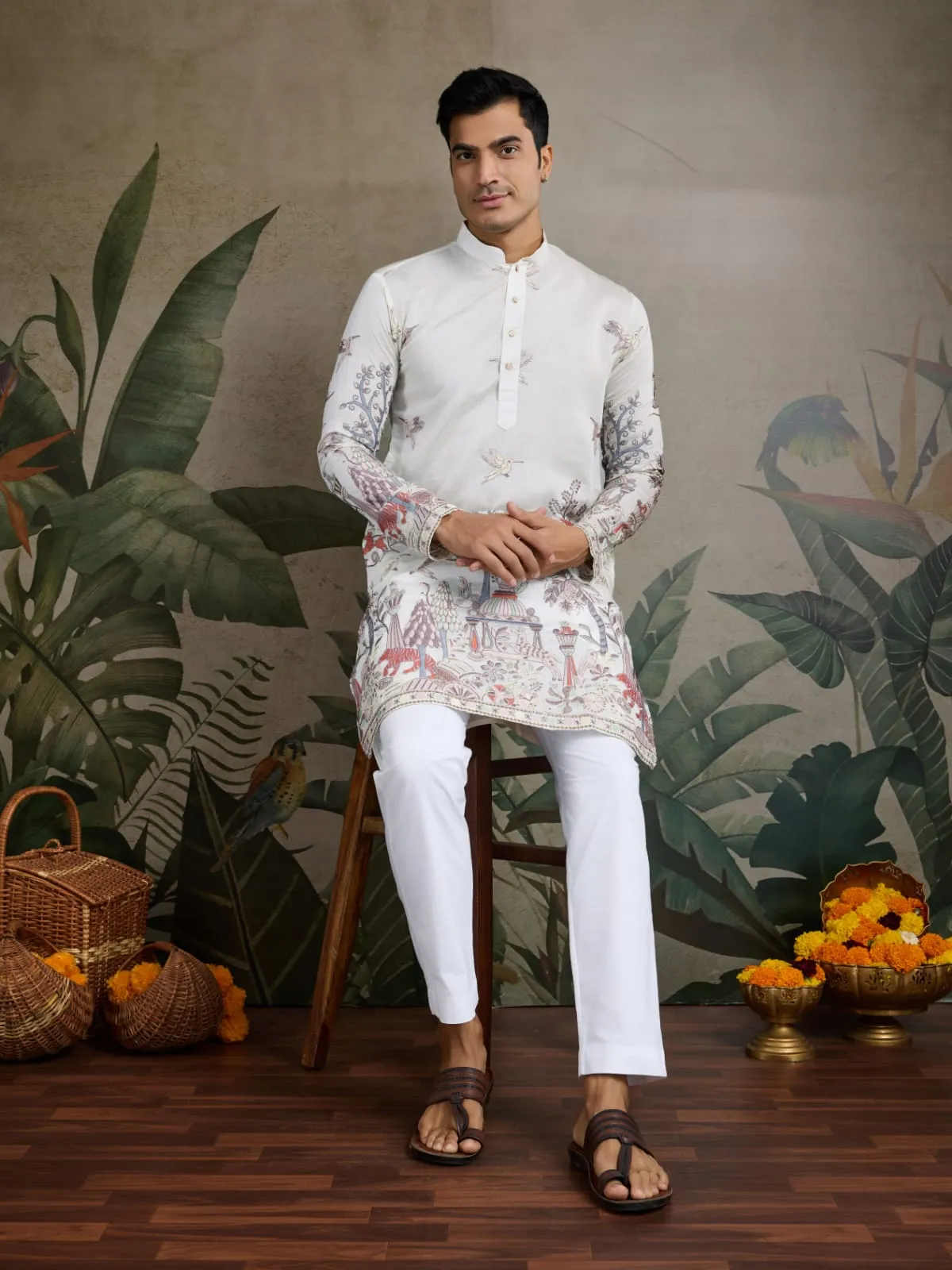 White Viscose Silk Heavy Thread Work Kurta Pajama