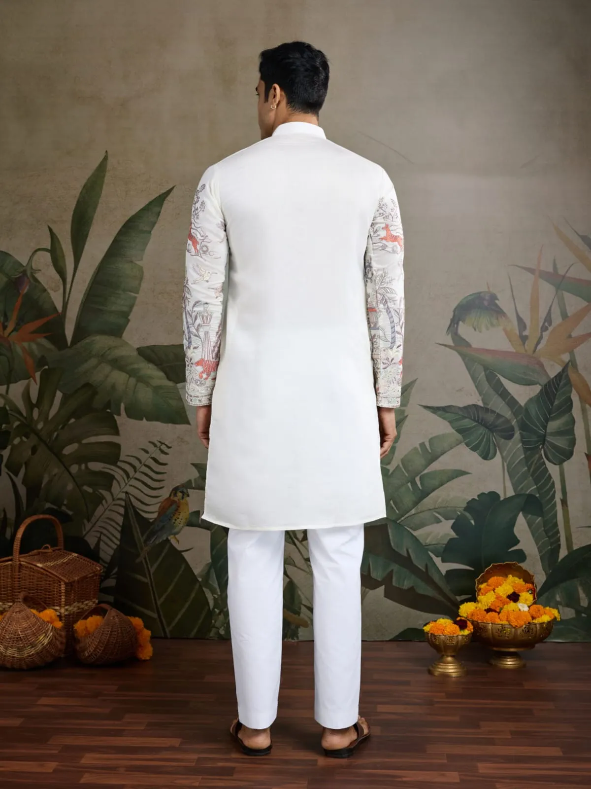White Viscose Silk Heavy Thread Work Kurta Pajama