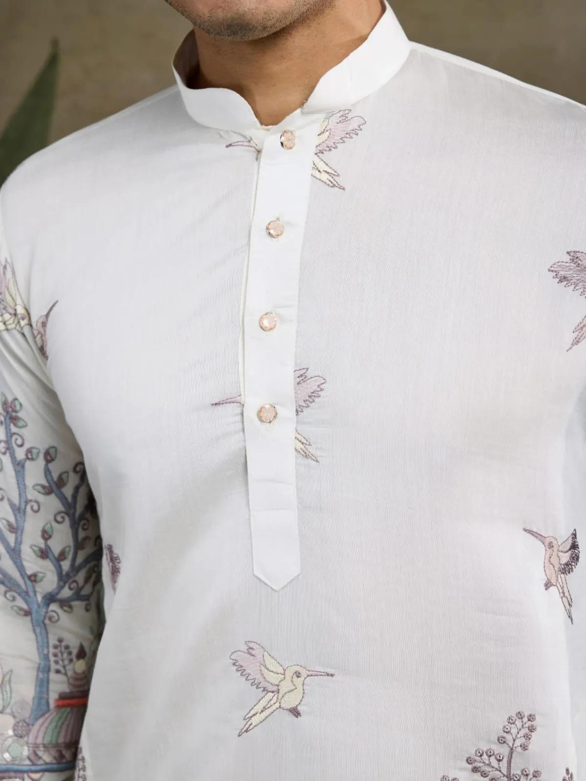White Viscose Silk Heavy Thread Work Kurta Pajama