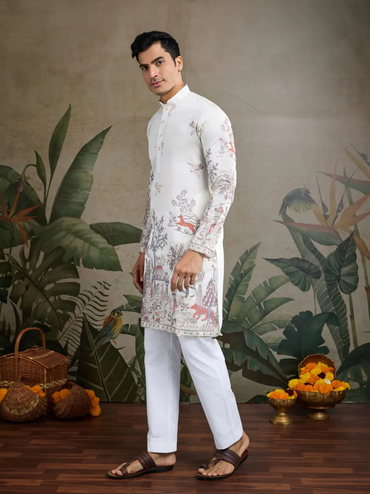 White Viscose Silk Heavy Thread Work Kurta Pajama