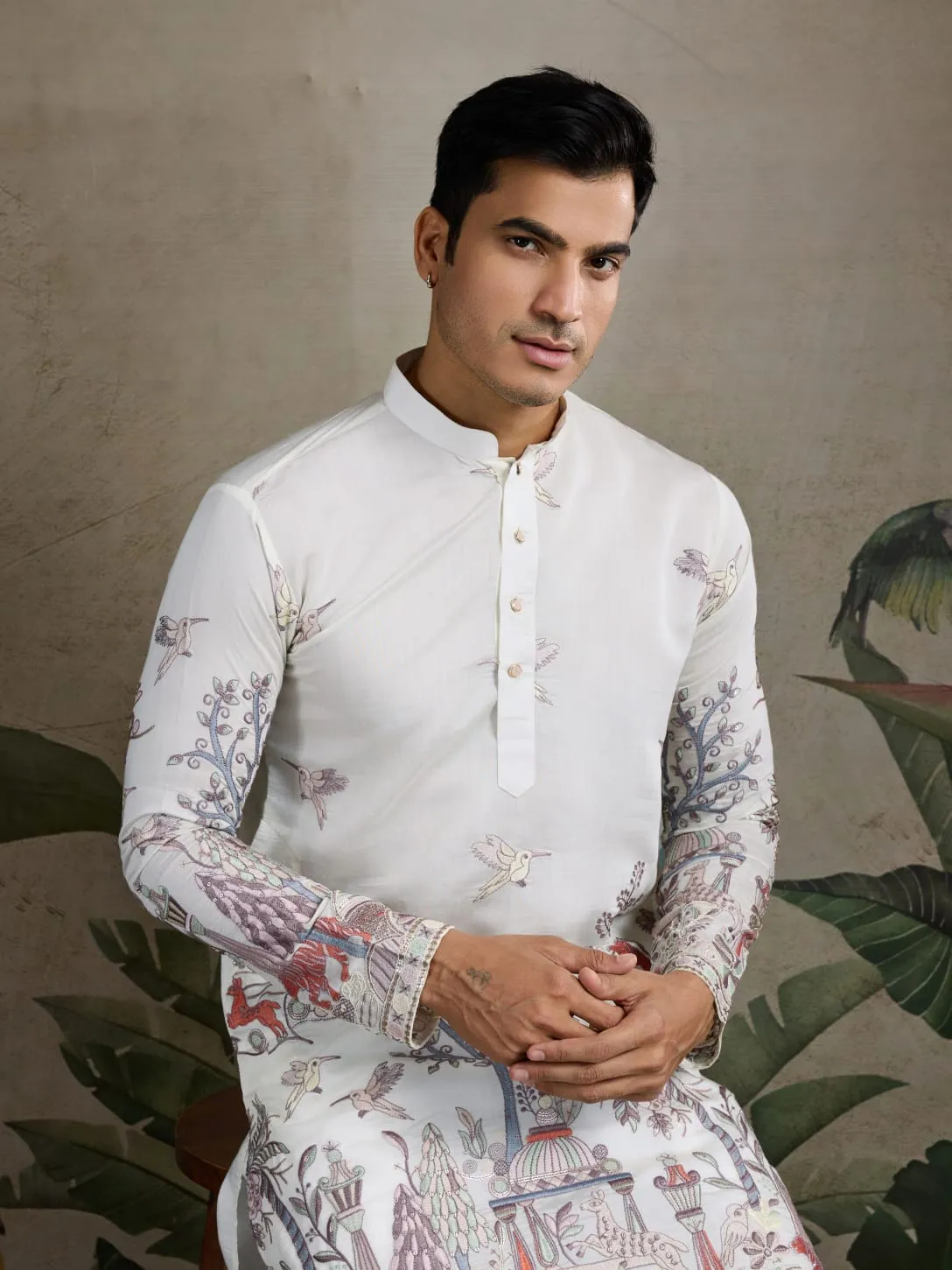 White Viscose Silk Heavy Thread Work Kurta Pajama