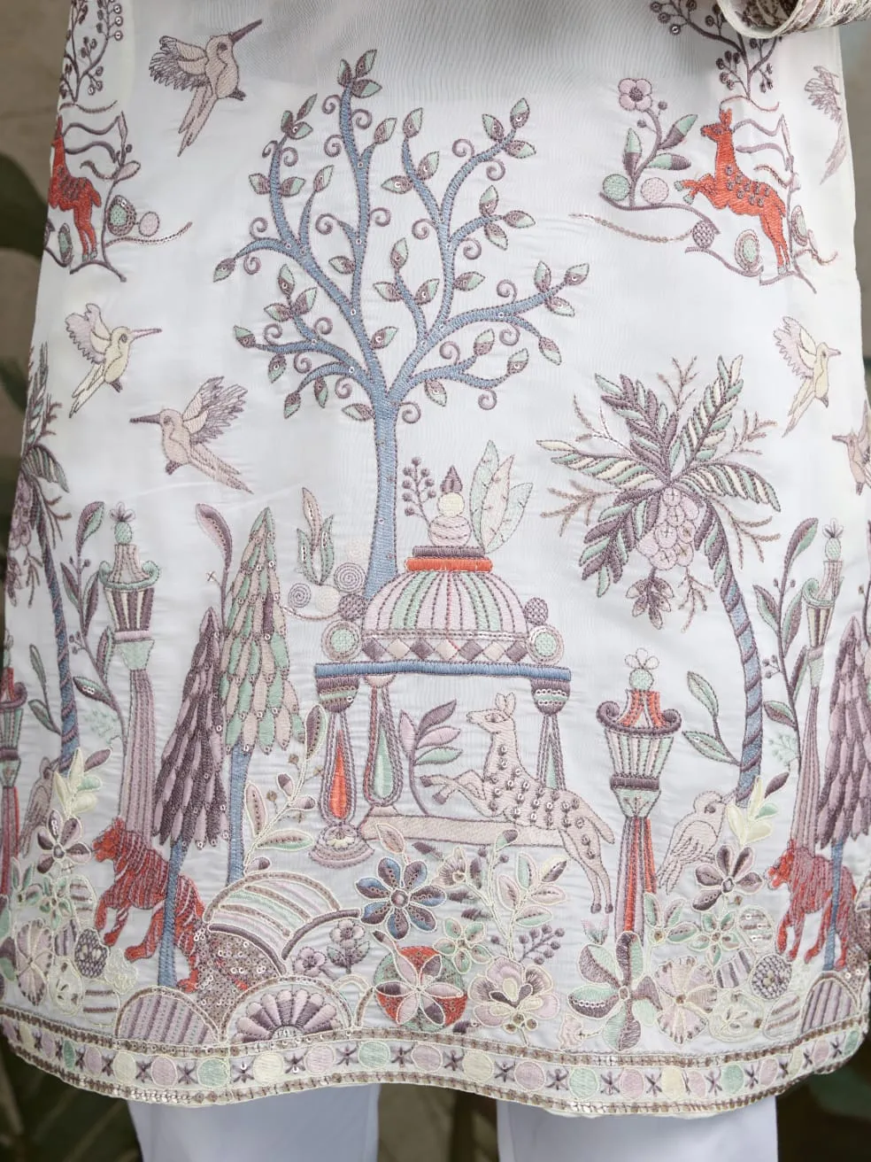 White Viscose Silk Heavy Thread Work Kurta Pajama