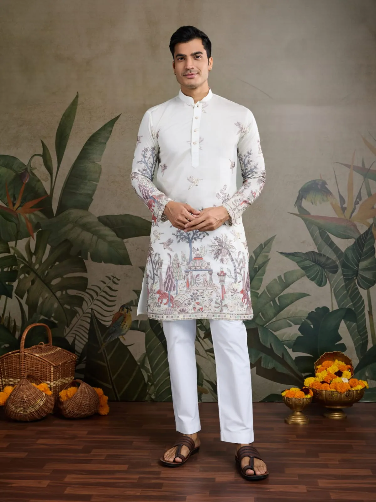 White Viscose Silk Heavy Thread Work Kurta Pajama