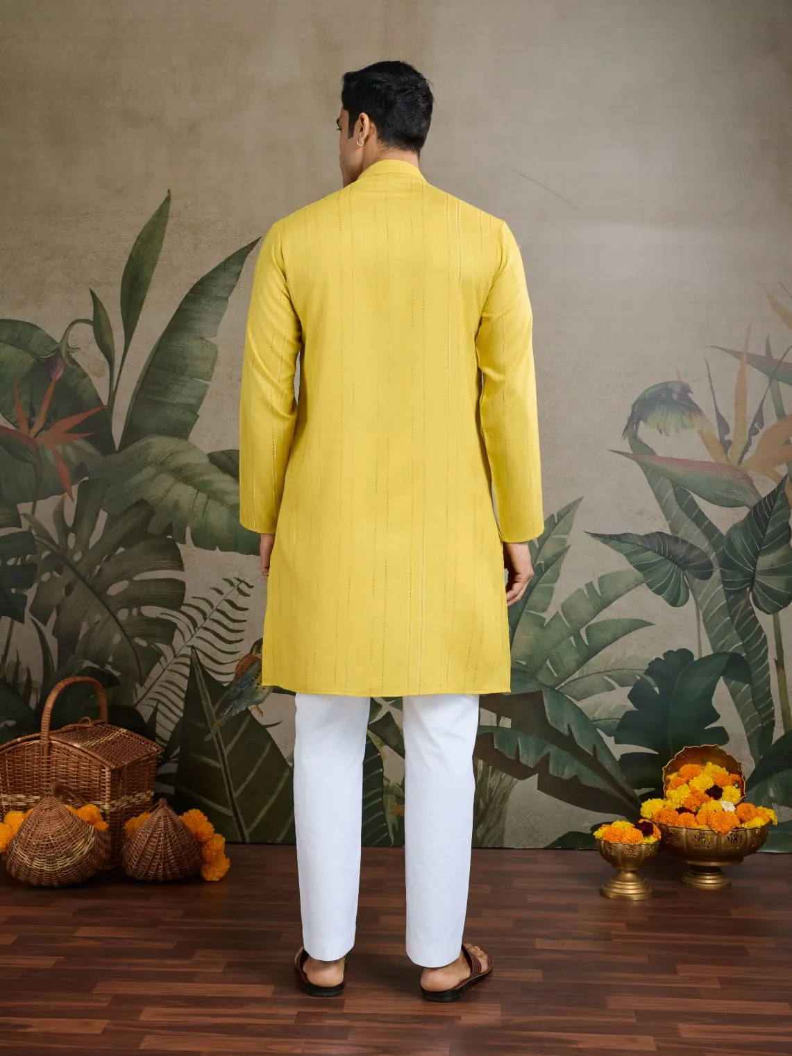 Yellow Viscose Silk Heavy Thread With Real Mirror Work Kurta Pajama