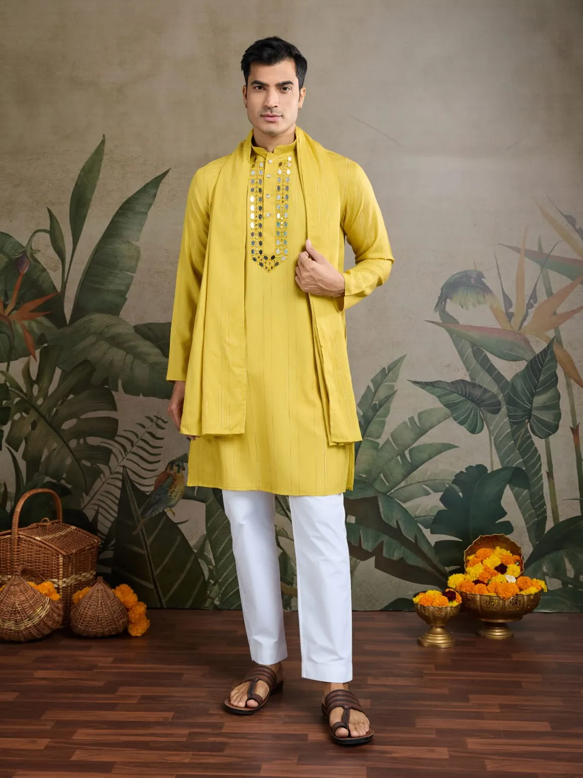 Yellow Viscose Silk Heavy Thread With Real Mirror Work Kurta Pajama