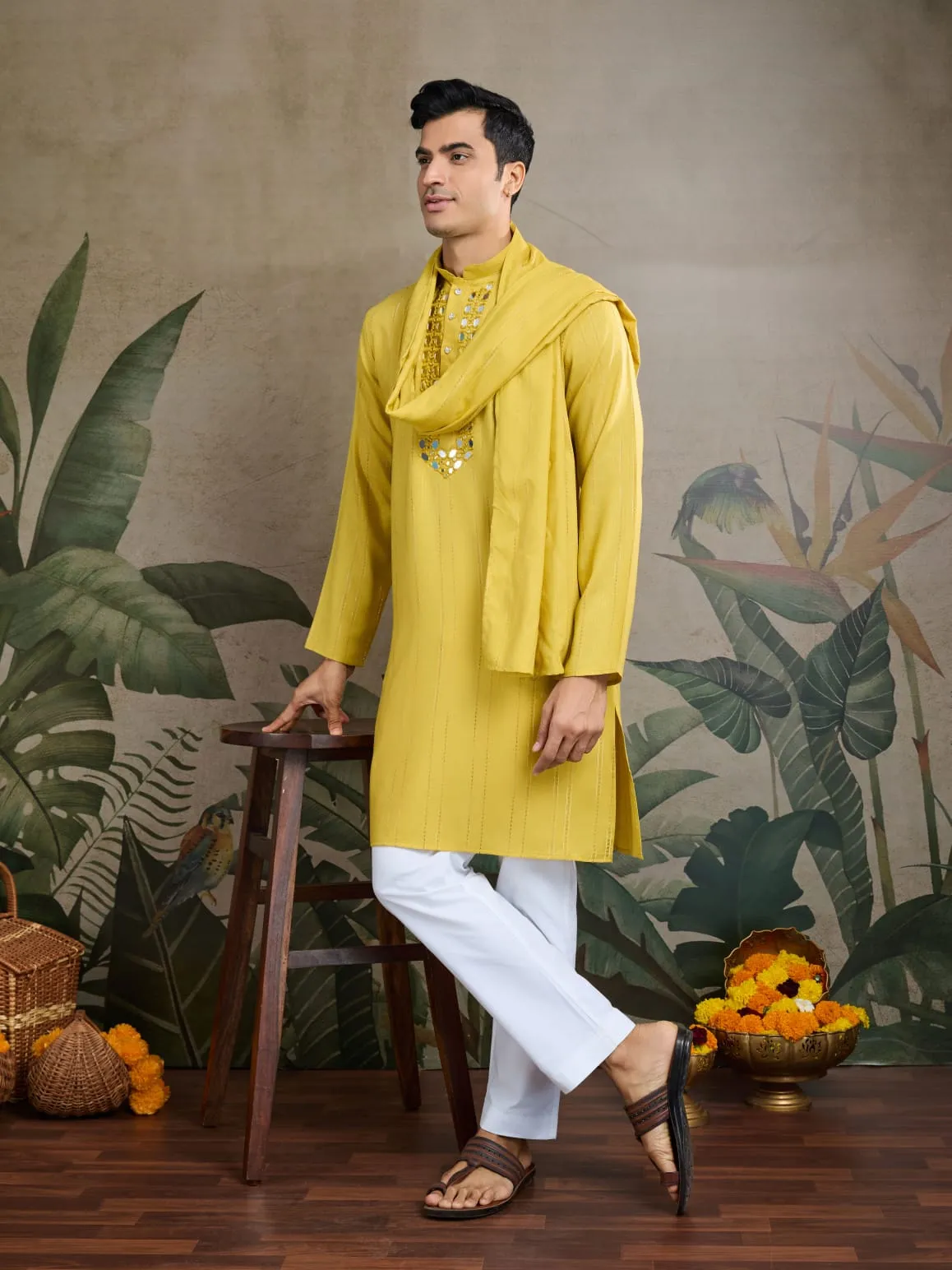 Yellow Viscose Silk Heavy Thread With Real Mirror Work Kurta Pajama