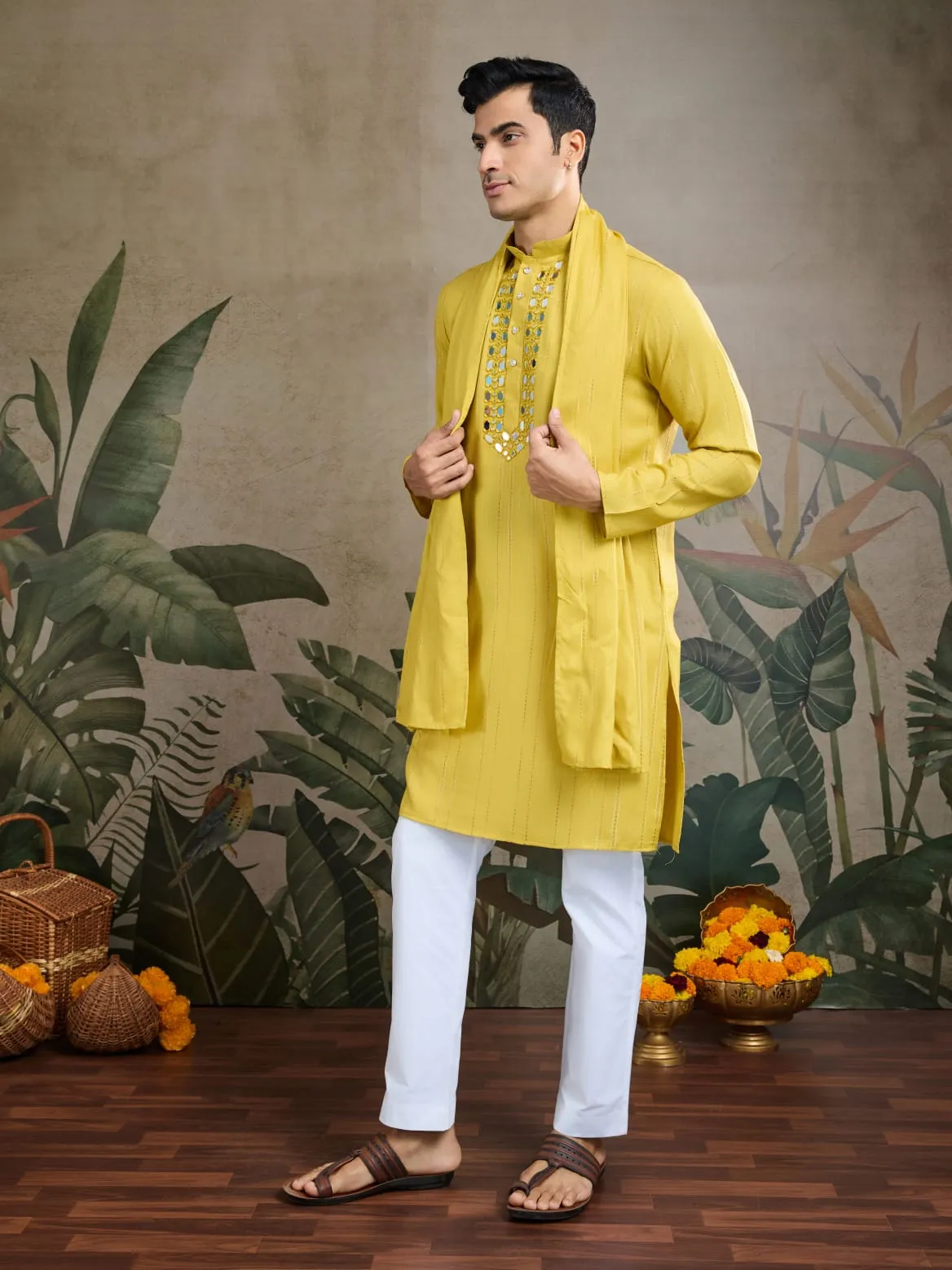 Yellow Viscose Silk Heavy Thread With Real Mirror Work Kurta Pajama