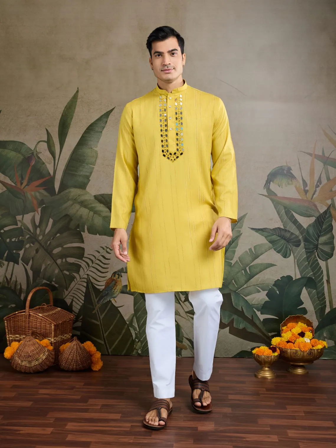 Yellow Viscose Silk Heavy Thread With Real Mirror Work Kurta Pajama